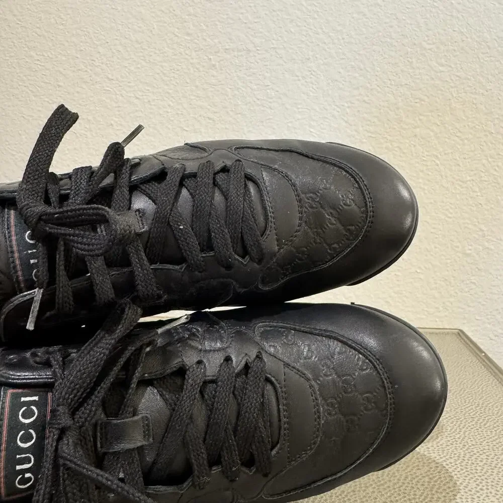 Gucci Shoes Micro Guccissima Black Leather Web Low Top Gucci Sneakers Sz 8 G